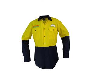 South Sydney Rabbitohs NRL LONG Sleeve Button Work Shirt HI VIS YELLOW NAVY
