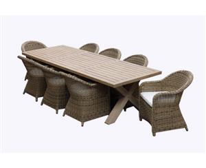 Tahitian Solid Teak 3M Outdoor Table - With Plantation Wing Back Rattan Chairs - Outdoor Dining Settings - Full Round Brushed Wheat Cream