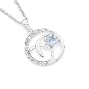 9ct White Gold Aquamarine & Diamond Open Swirl Circle Pendant