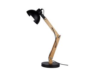 Black Table Lamp with Wooden Arm