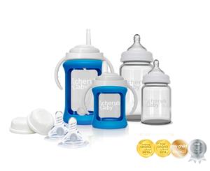 Cherub Baby Glass Bottle Starter Kit with Protective Colour Change Silicone Sleeve - Blue