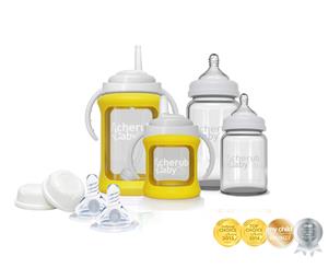 Cherub Baby Glass Bottle Starter Kit with Protective Colour Change Silicone Sleeve - Yellow