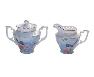 French Country Chic China Kitchen BLUE WREN Sugar and Creamer Set New