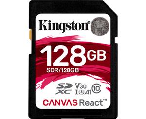 Kingston 128GB SDXC Canvas React 100R/70W CL10 UHS-I U3 V30 A1 up to 100MB/s read and 70MB/s write SDR/128GB