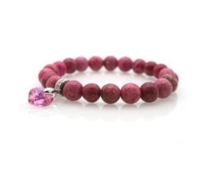Natural Round Pink Crazy Agate Embellished with 'Xillion' Heart Swarovski Crystal & 925 Sterling Silver CZ Beads Stretch Bracelet