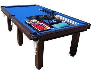 PUB SIZE POOL TABLE 8FT SNOOKER BILLIARD TABLE BLUE WITH 6 LEGS & LEATHER POCKETS