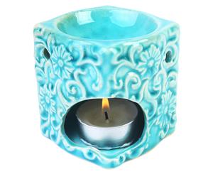 1pce 7.5cm Square Oil Burner with Flower Design Glassed Ceramic - Aqua - Aqua Blue