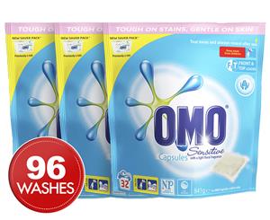 3 x OMO Sensitive Laundry Detergent Liquid Capsules Front & Top Loader 32pk