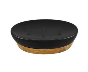 Ceramic Soap Dish with Wooden Base Black