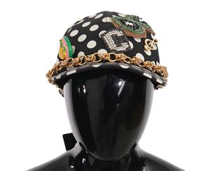 Dolce & Gabbana Black Cotton Crystal Polka Dot Gold Chain Baseball Hat