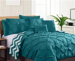 Double Size Bed Reversible 7 Pieces Pinch Pleat Ruched Comforter Coverlet Bedspread Set Quilt 190x220cm Teal