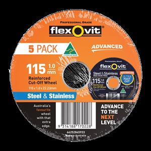Flexovit 115 x 1.0 x 22.23mm Steel And Stainless Reinforced Cut Off Wheel - 5 Pack