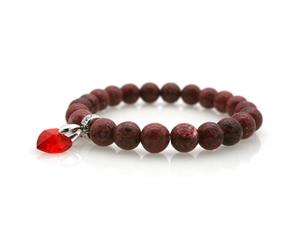 Natural Round Red Crazy Agate Embellished with 'Xillion' Heart Swarovski Crystal & 925 Sterling Silver CZ Beads Stretch Bracelet
