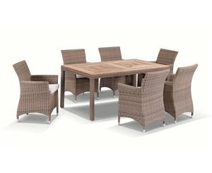 Sahara 6 Seater Outdoor Teak And Wicker Dining Setting In Half Round Wicker - Outdoor Wicker Dining Settings - Brushed Wheat Cream cushions