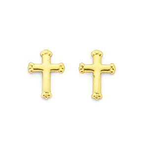 9ct Gold Cross Stud Earrings with Crown