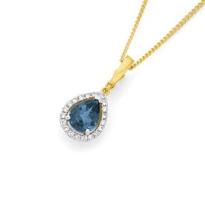 9ct Gold London Blue Topaz & Diamond Pear Halo Pendant