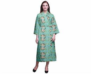 Bimba Bird Leaves & Flowerpecker Printed Crossover Robes Bridesmaid Getting Ready Shirt Dresses Bathrobes For Women - Aquamarine Green