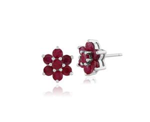 Floral Round Ruby Cluster Stud Earrings in 925 Sterling Silver