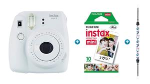 Instax Mini 9 Instant Camera - Smokey White with Feather Strap & 10 Pack of Film