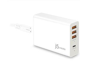 J5create 63W PD3.0 QC4.0 4 Port Desktop Charging Station 1x USB-C 45W Power Delivery Fast Charging Port 3x QC4.0 USB Fast Charging Port.