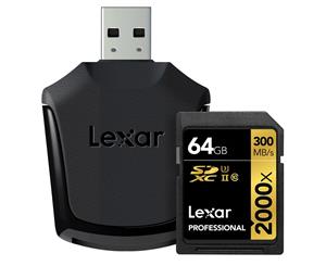 Lexar Professional 2000x 64GB SDXC UHS-II Card - Upto 300MB/s U3 with Reader LSD64GCRBAP2000R