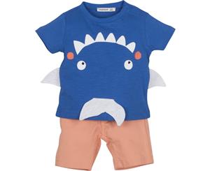 Mamino- Baby - Boy- Zoo- Blue and Coral - Bermuda and Blue Short Sleeves Tee Shirt 2 Pieces Set