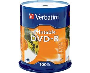 VDVD-R100P VERBATIM 100Pk DVD-R Printable Spindle 16X 4.7Gb Verbatim Full-Colour High Resolution Photo-Quality Printing Full-Colour High