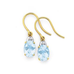 9ct Gold Sky Blue Topaz & Diamond Oval Cut Chequered Hook Earrings