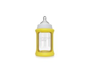 Cherub Baby Glass Single 240ml Bottle with Protective Colour Change Silicone Sleeve - Yellow