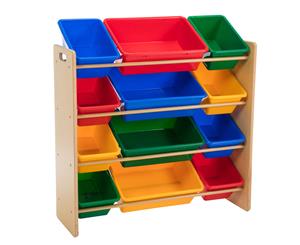 Kids 86cm Wooden Shelf w/12 Plastic Bin for Toys/Books Organiser Storage 3y+