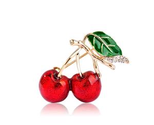 Red Enamel Gold-color Sweet Cherry Brooch Pin