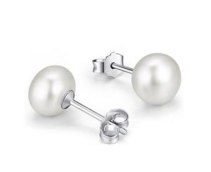 .925 Sterling Silver Radiant 7mm Pearl Studs White-Silver/Pearl White