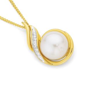 9ct Gold Cultured Freshwater Button Pearl & Diamond Pendant