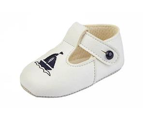 Baypods Boys White Pre-Walker T-Bar Baby Shoes with Navy Sailboat