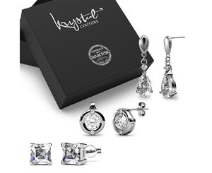 Boxed 3 Pairs of White Gold Earrings Set Embellished with Swarovski Crystals