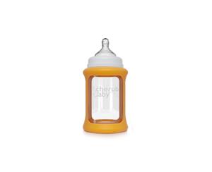 Cherub Baby Glass Single 240ml Bottle with Protective Colour Change Silicone Sleeve - Orange