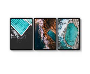Set of 3 Coastal Sea Bath Photograph Art - White Frame