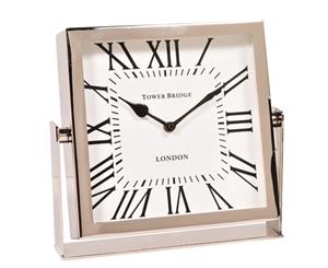 TOWER BRIDGE LONDON 22.5cm Desk Clock on Stand with Square White Face - Nickel