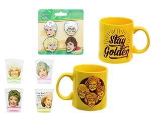 The Golden Girls 4-Piece Enamel Pin set Shot Glass 4-Pack and Coffee Mug Gift Bundle