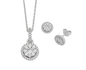 Bevilles Cubic Zirconia Halo Earring & Necklace Set in Sterling Silver