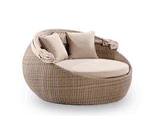 Newport Outdoor Round Wicker Daybed With Canopy - Outdoor Daybeds - Brushed Wheat Sand Cushion
