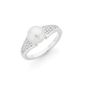 Silver & Cultured Freshwater Pearl With PavÃ© CZ Ring