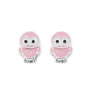 Silver Pink Enamel Owl Stud Earrings