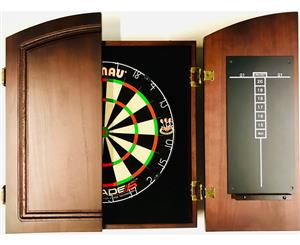 Winmau Blade 5 FIVE Dart Board & TIMBER Cherry Colour Wood Cabinet + Darts SET