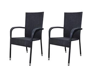 2x Garden Chairs Poly Rattan Black Stackable Seats Folding Chairs