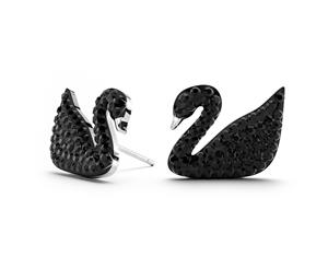 .925 Sterling Silver Jet Swan Stud Earrings-Silver/Black