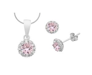 Bevilles Sterling Silver Pink Curbic Zirconia Necklace and Earrings Set