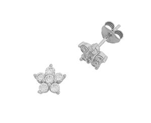 Bevilles Sterling Silver White Cubic Zirconia Claw Flower Stud Earrings