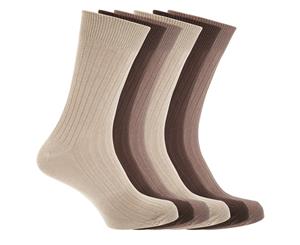 Floso Mens Ribbed 100% Cotton Socks (6 Pairs) (Dark Brown/Light Brown/Beige) - MB466