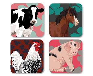 Leslie Gerry Animal Coasters Set of 4 Cow Horse Rooster Pig